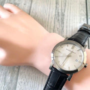  Shop Authentic Burberry The City White Dial Black Leather Strap Watch for Women - BU9206 - Luxxuri