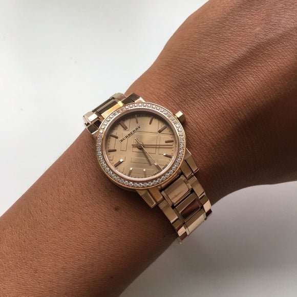 Shop Authentic Burberry The City Diamonds Rose Dial Rose Gold Steel Strap Watch for Women - BU9225 - Luxxuri
