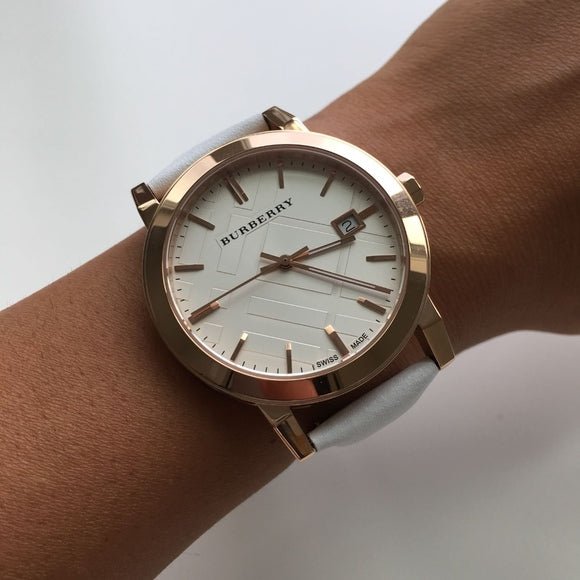  Shop Authentic Burberry The City White Dial White Leather Strap Watch for Women - BU9012 - Luxxuri