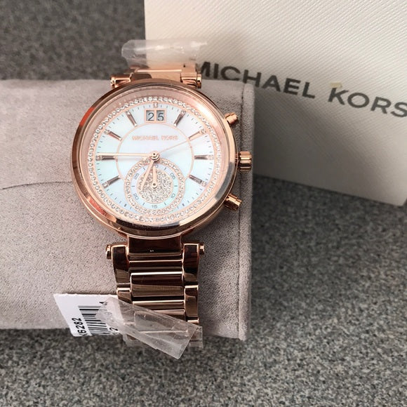  Shop Authentic Michael Kors Sawyer Mother of Pearl White Dial Rose Gold Steel Strap Watch for Women - MK6282 - Luxxuri