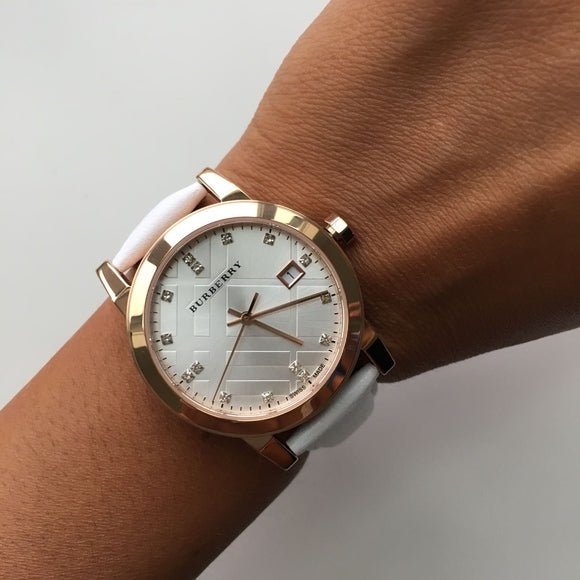  Shop Authentic Burberry The City Diamonds White Dial White Leather Strap Watch for Women - BU9130 - Luxxuri