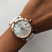  Shop Authentic Burberry The City Diamonds White Dial White Leather Strap Watch for Women - BU9130 - Luxxuri
