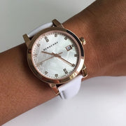  Shop Authentic Burberry The City Diamonds White Dial White Leather Strap Watch for Women - BU9130 - Luxxuri