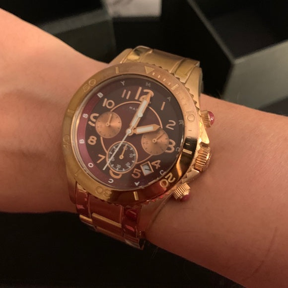  Shop Authentic Marc Jacobs Rock Chronograph Mother of Pearl Red Dial Rose Gold Steel Strap Unisex Watch - MBM3251 - Luxxuri
