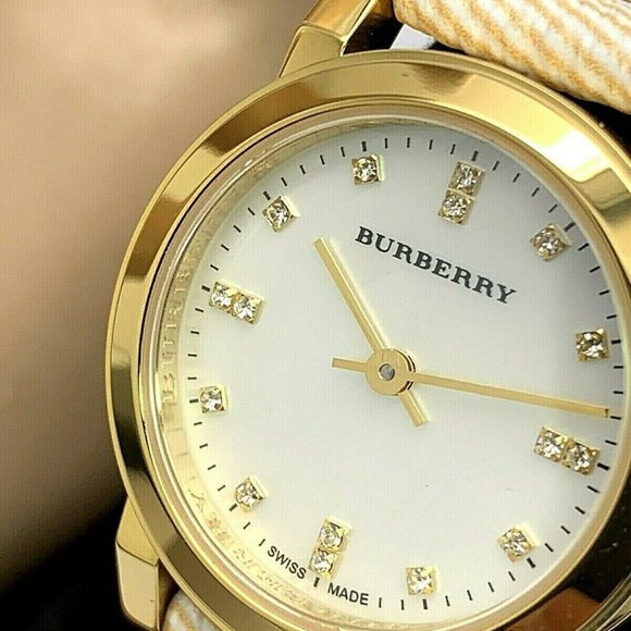  Shop Authentic Burberry The City Diamonds Mother of Pearl Dial Brown Leather Strap Watch for Women - BU9226 - Luxxuri
