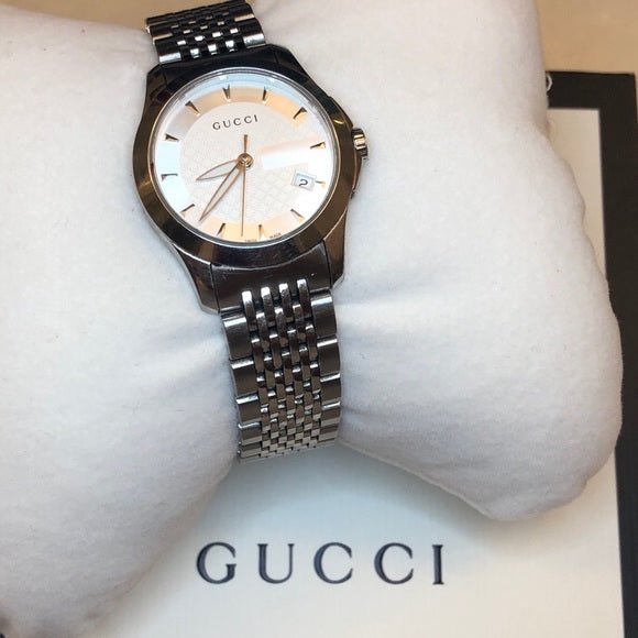  Shop Authentic Gucci G Timeless Silver Dial Silver Steel Strap Watch For Men - YA126401 - Luxxuri