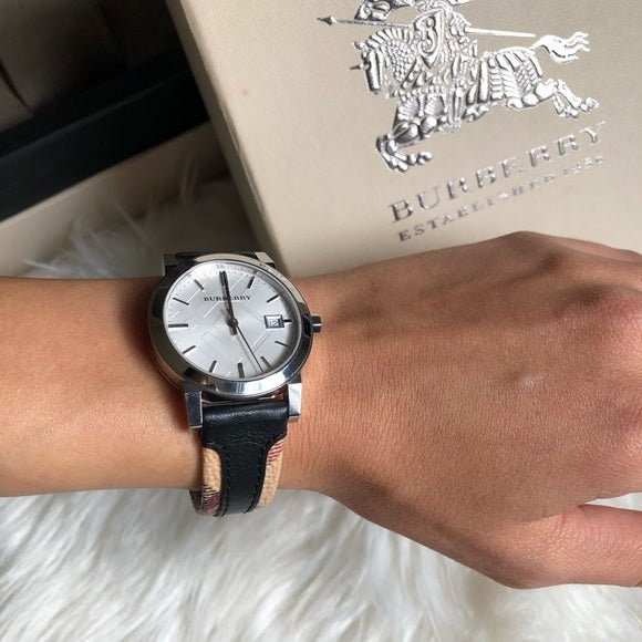  Shop Authentic Burberry The City White Dial Black Haymarket Leather Strap Watch for Women - BU9150 - Luxxuri