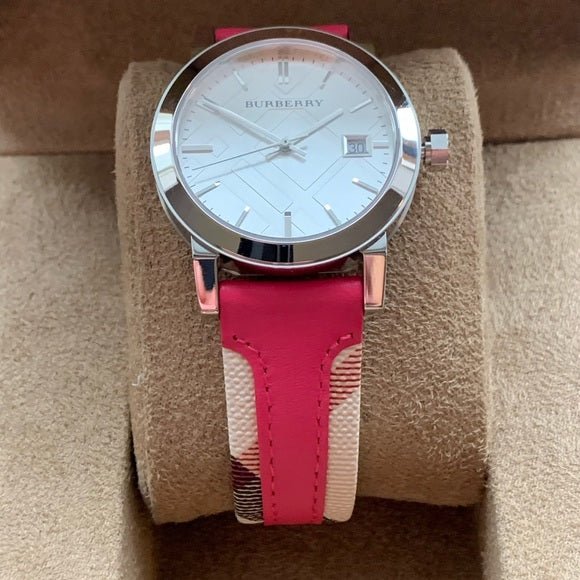  Shop Authentic Burberry The City White Dial Haymarket Pink Leather Strap Watch for Women - BU9149 - Luxxuri