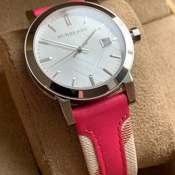  Shop Authentic Burberry The City White Dial Haymarket Pink Leather Strap Watch for Women - BU9149 - Luxxuri