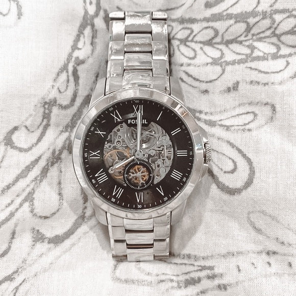  Shop Authentic Fossil Grant Skeleton Black Dial Silver Steel Strap Watch for Men - ME3055 - Luxxuri