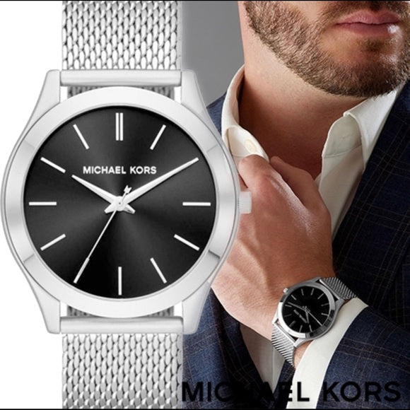  Shop Authentic Michael Kors Slim Runway Analog Black Dial Silver Mesh Bracelet Watch For Men - MK8606 - Luxxuri