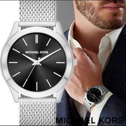  Shop Authentic Michael Kors Slim Runway Analog Black Dial Silver Mesh Bracelet Watch For Men - MK8606 - Luxxuri