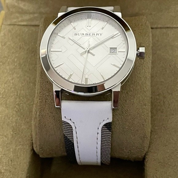  Shop Authentic Burberry The City Silver Dial White Leather Strap Watch for Women - BU9019 - Luxxuri
