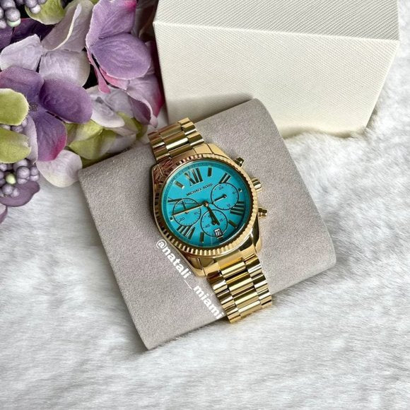 Shop Authentic Michael Kors Lexington Chronograph Blue Dial Gold Steel Strap Watch For Women - MK7216 - Luxxuri