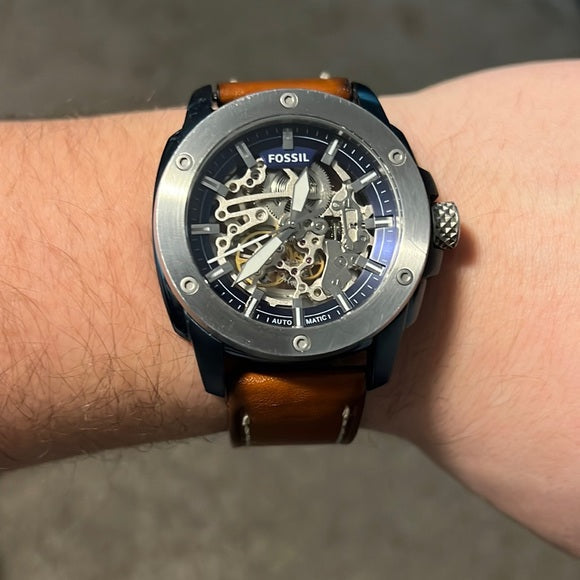  Shop Authentic Fossil Modern Machine Automatic Skeleton Silver Dial Brown Leather Strap Watch for Men - ME3135 - Luxxuri