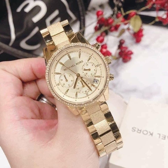  Shop Authentic Michael Kors Ritz Chronograph Gold Dial Gold Steel Strap Watch For Women - MK6597 - Luxxuri