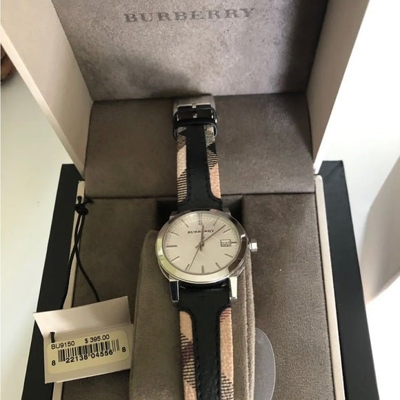  Shop Authentic Burberry The City White Dial Black Haymarket Leather Strap Watch for Women - BU9150 - Luxxuri