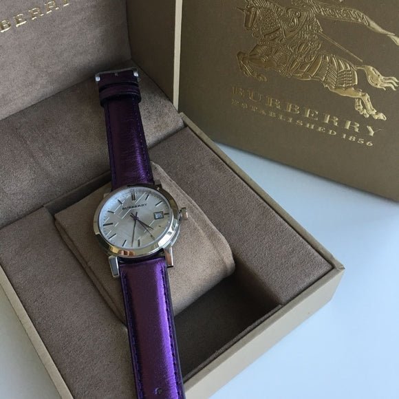  Shop Authentic Burberry The City Silver Dial Purple Leather Strap Watch for Women - BU9122 - Luxxuri