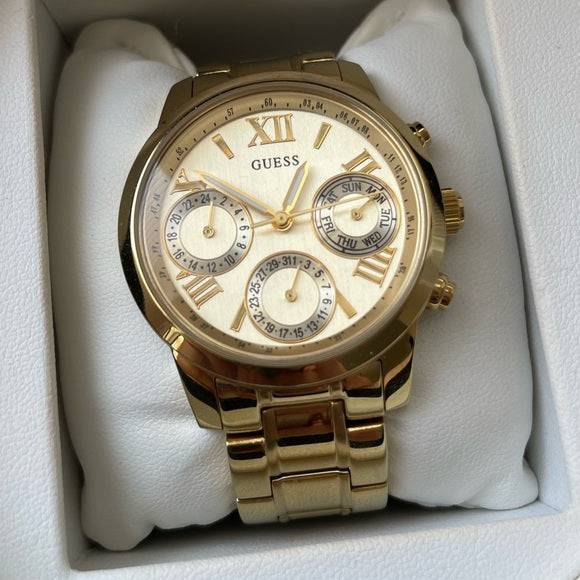  Shop Authentic Guess Mini Sunrise Quartz Gold Dial Gold Steel Strap Watch For Women - W0448L2 - Luxxuri