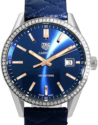  Shop Authentic Tag Heuer Carrera Quartz Diamonds Blue Dial Blue Leather Strap Watch for Women - WAR1114.FC6391 - Luxxuri