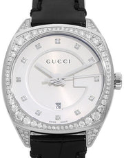  Shop Authentic Gucci GG2570 Diamonds Silver Dial Black Leather Strap Watch For Women - YA142507 - Luxxuri
