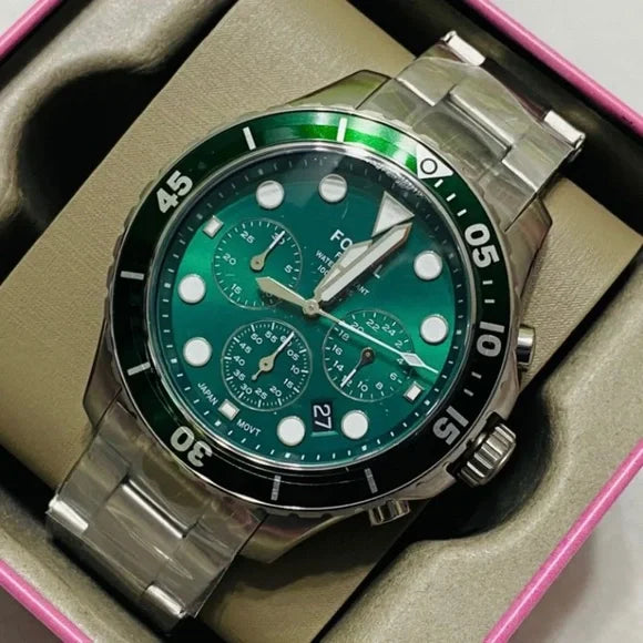  Shop Authentic Fossil FB-03 Chronograph Green Dial Silver Steel Strap Watch for Men - FS5726 - Luxxuri