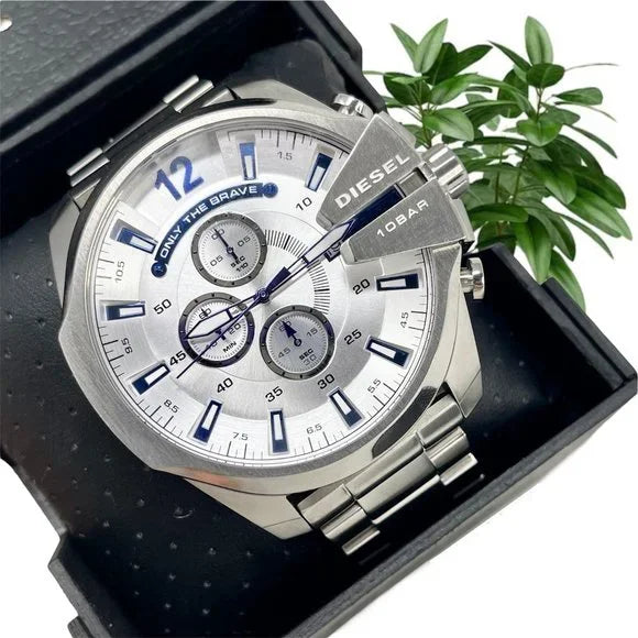  Shop Authentic Diesel Mega Chief Chronograph Silver Dial Silver Steel Strap Watch For Men - DZ4477 - Luxxuri