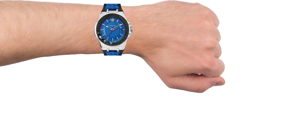  Shop Authentic Versace Chain Reaction Quartz Blue Dial Blue & Black Leather Strap Watch for Men - VEDY00119 - Luxxuri