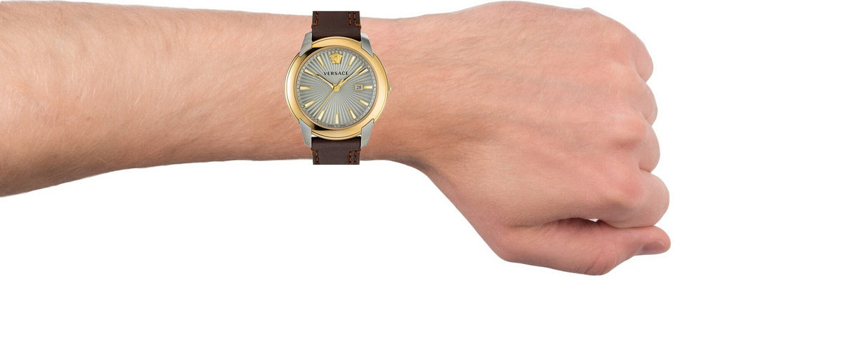  Shop Authentic Versace V-Urban Quartz Grey Dial Brown Leather Strap Watch for Men - VELQ00219 - Luxxuri
