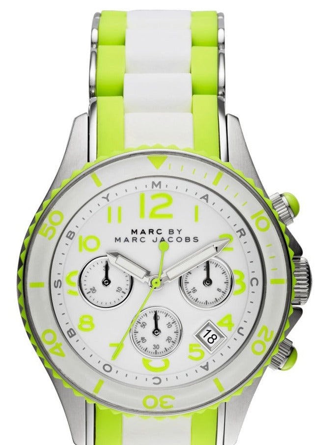  Shop Authentic Marc Jacobs Rock Chronograph White Dial White & Green Silicone Strap Watch for Women - MBM2592 - Luxxuri