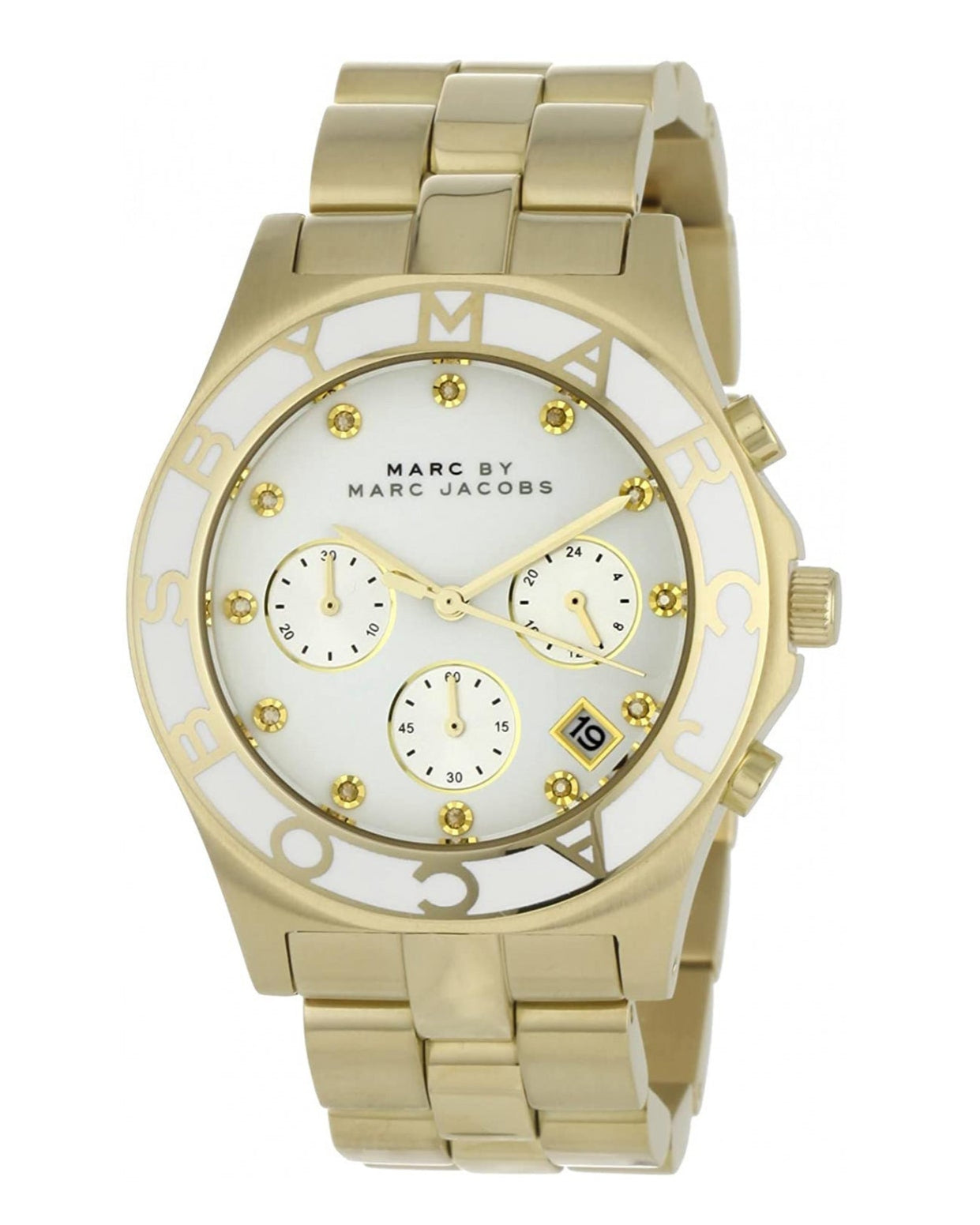  Shop Authentic Marc Jacobs Blade Chronograph White Dial Gold Steel Strap Watch for Women - MBM3081 - Luxxuri