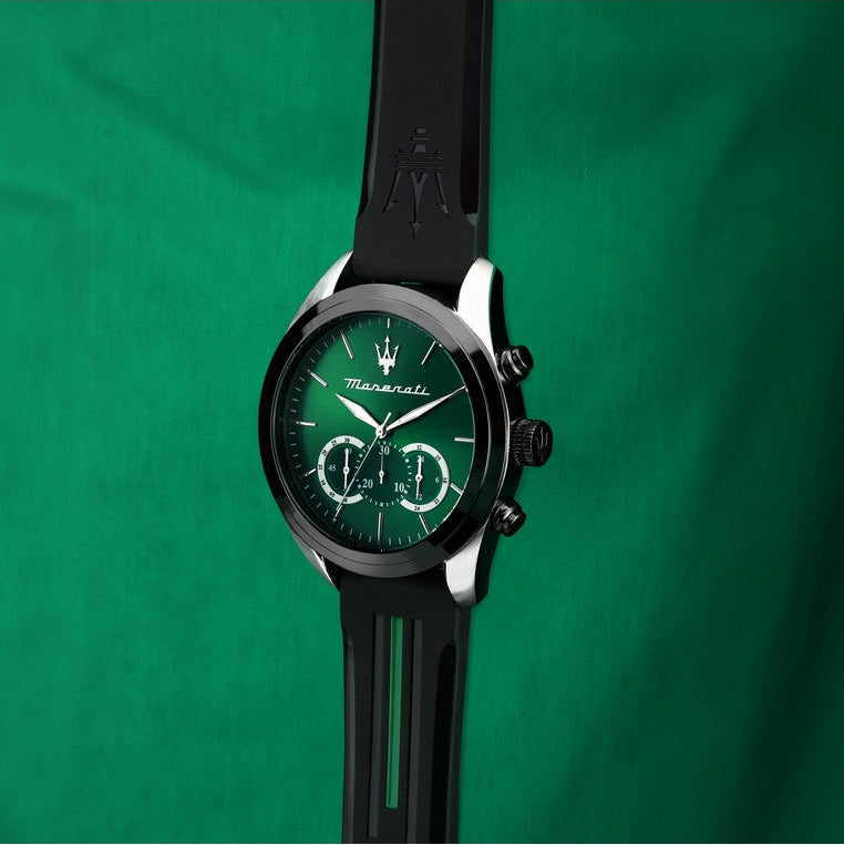  Shop Authentic Maserati Traguardo Chronograph Green Dial Black Silicone Strap Watch For Men - R8871612043 - Luxxuri