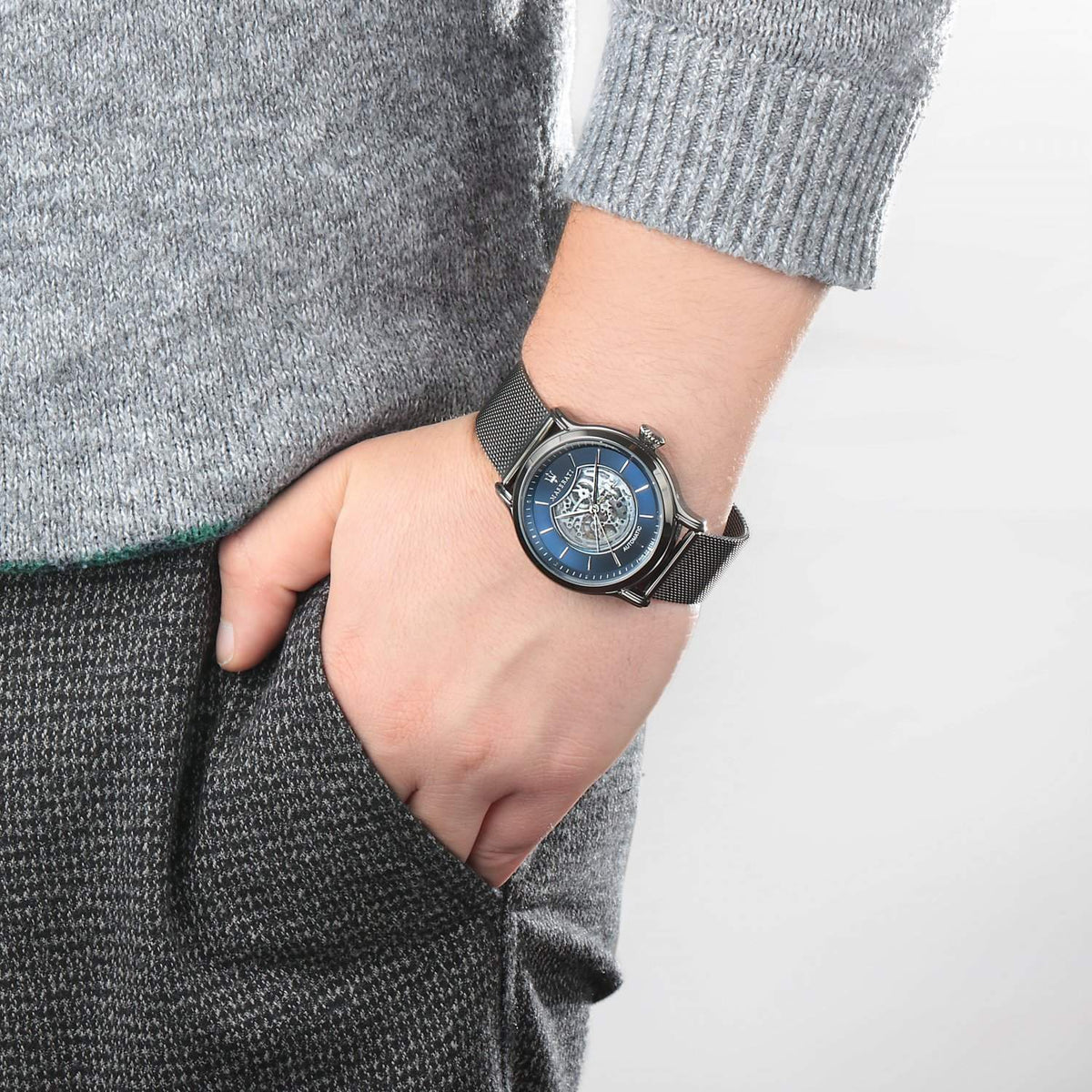  Shop Authentic Maserati Epoca Automatic Skeleton Blue Dial Mesh Bracelet Watch For Men - R8823118002 - Luxxuri