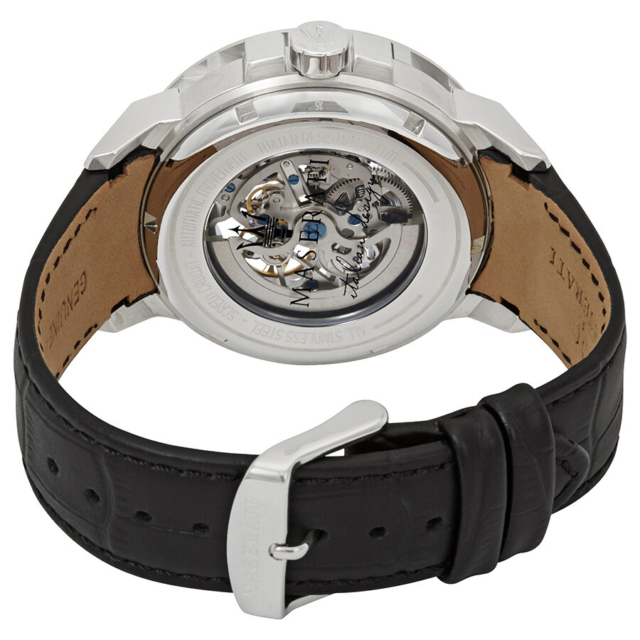  Shop Authentic Maserati Ingegno Automatic Black Skeleton Dial Black Leather Strap Watch For Men - R8821119002 - Luxxuri
