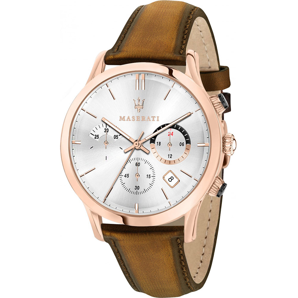  Shop Authentic Maserati Ricordo Chronograph Silver Dial Brown Leather Strap Watch For Men - R8871633002 - Luxxuri