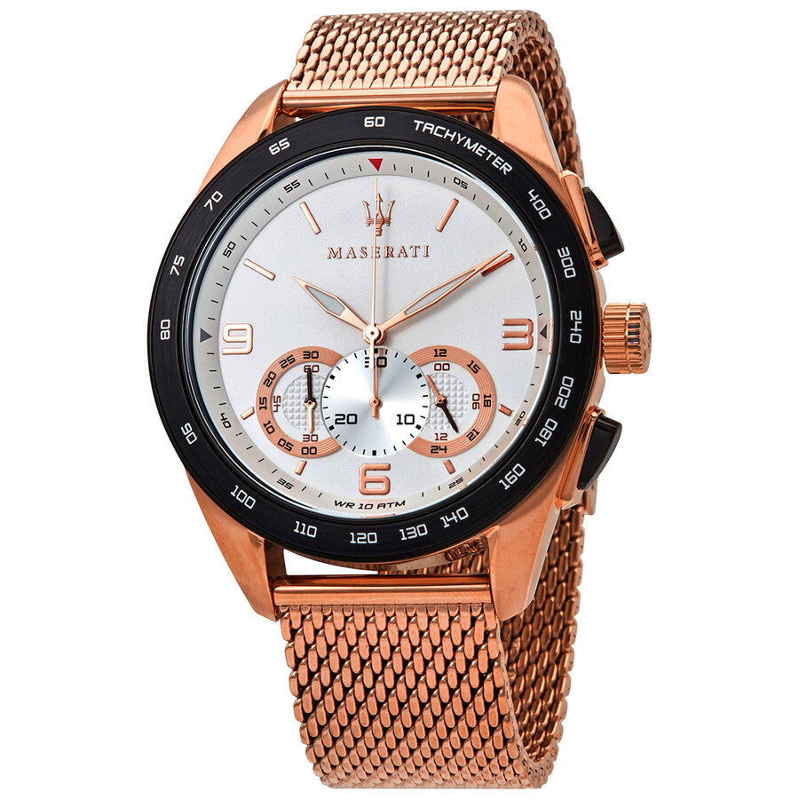  Shop Authentic Maserati Traguardo 45mm Chronograph Rose Gold Mesh Strap White Dial Watch For Men - R8873612011 - Luxxuri