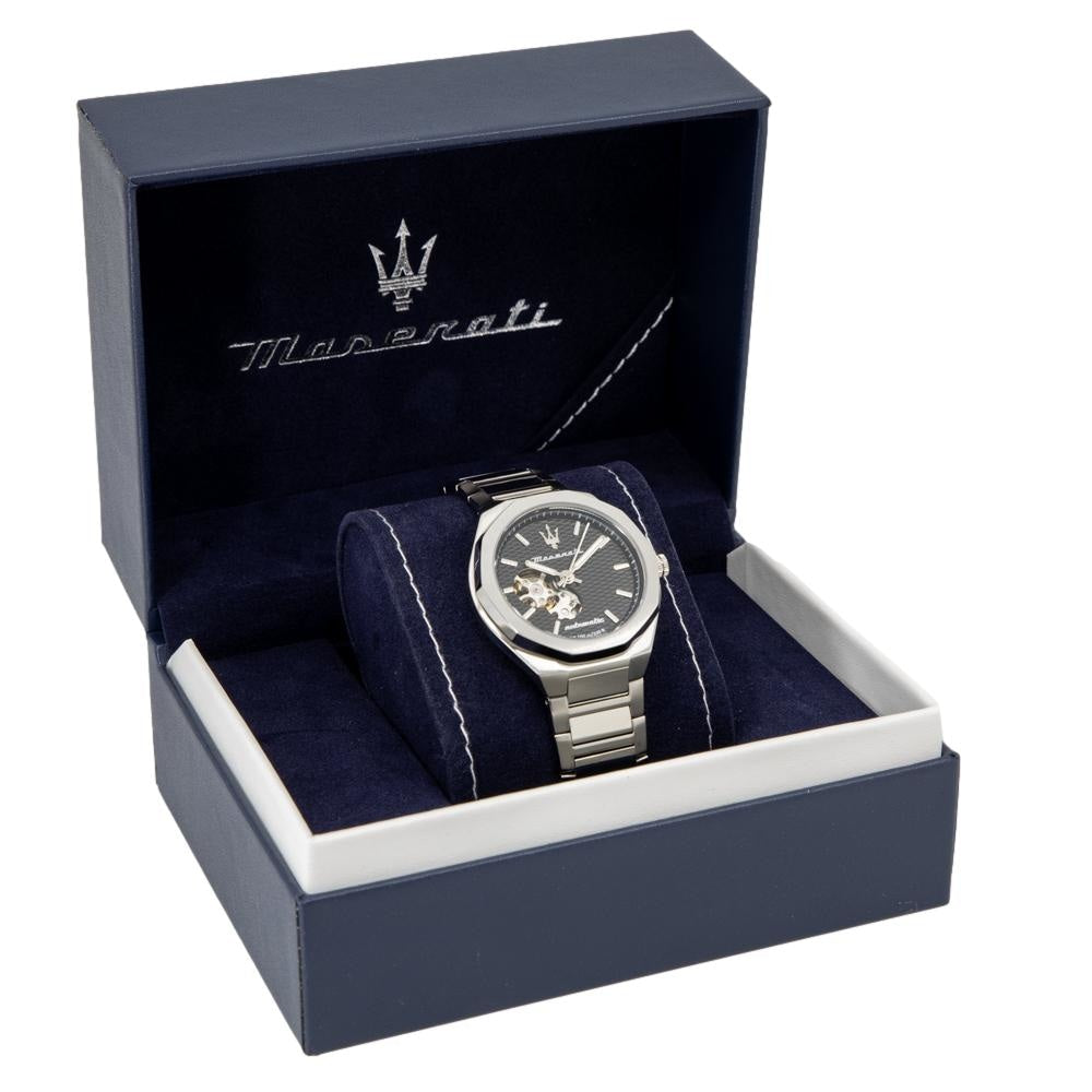  Shop Authentic Maserati Stile Skeleton Automatic Black Dial Silver Steel Strap Watch For Men - R8823142002 - Luxxuri