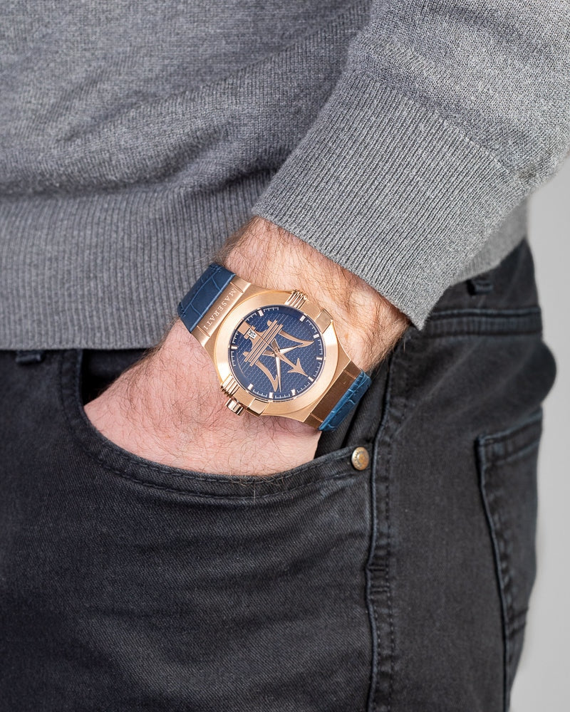  Shop Authentic Maserati Potenza 42mm Rose Gold & Blue Dial Blue Leather Strap Watch For Men - R8851108027 - Luxxuri