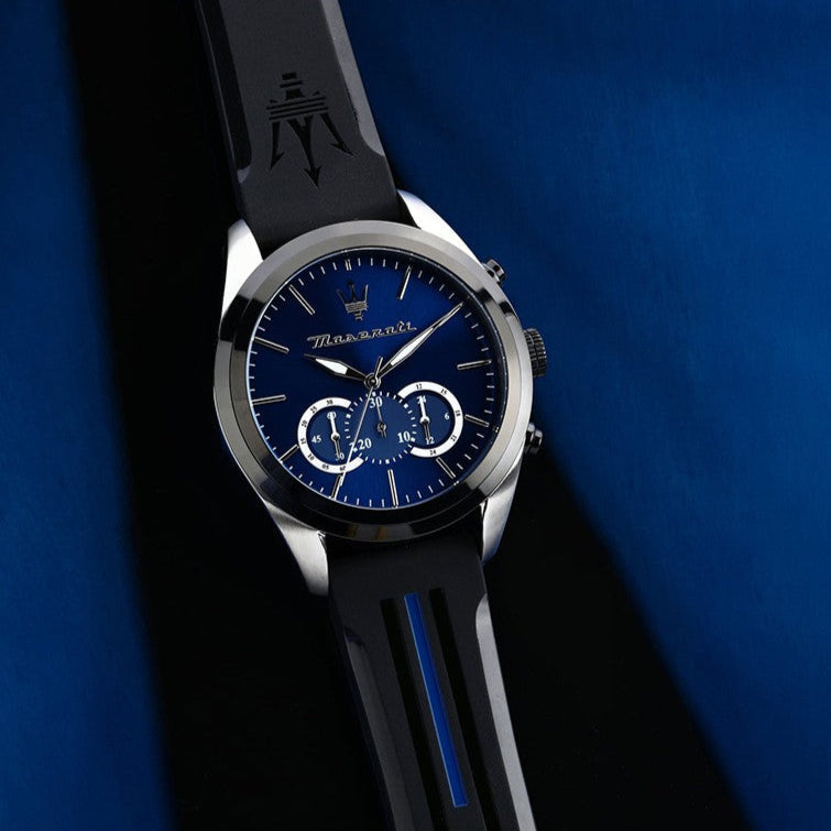  Shop Authentic Maserati Traguardo Chronograph Blue Dial Black Silicone Strap Watch For Men - R8871612044 - Luxxuri