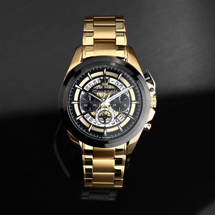  Shop Authentic Maserati Traguardo Skeleton Black Dial Gold Steel Strap Watch For Men - R8873612058 - Luxxuri