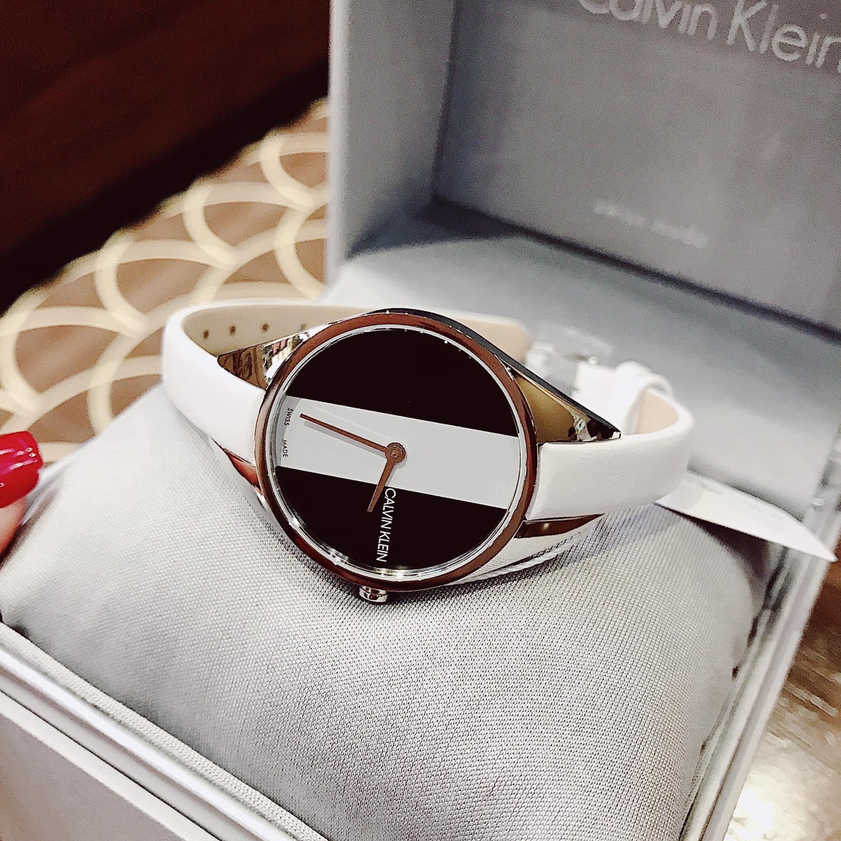  Shop Authentic Calvin Klein Rebel White Black Dial White Leather Strap Watch for Women - K8P231L1 - Luxxuri