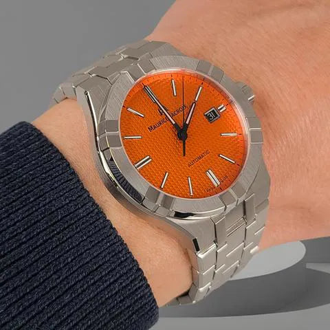  Shop Authentic Maurice Lacroix Aikon Automatic Date Orange Dial Silver Steel Strap Watch For Men - AI6008-SS00F-530-E - Luxxuri