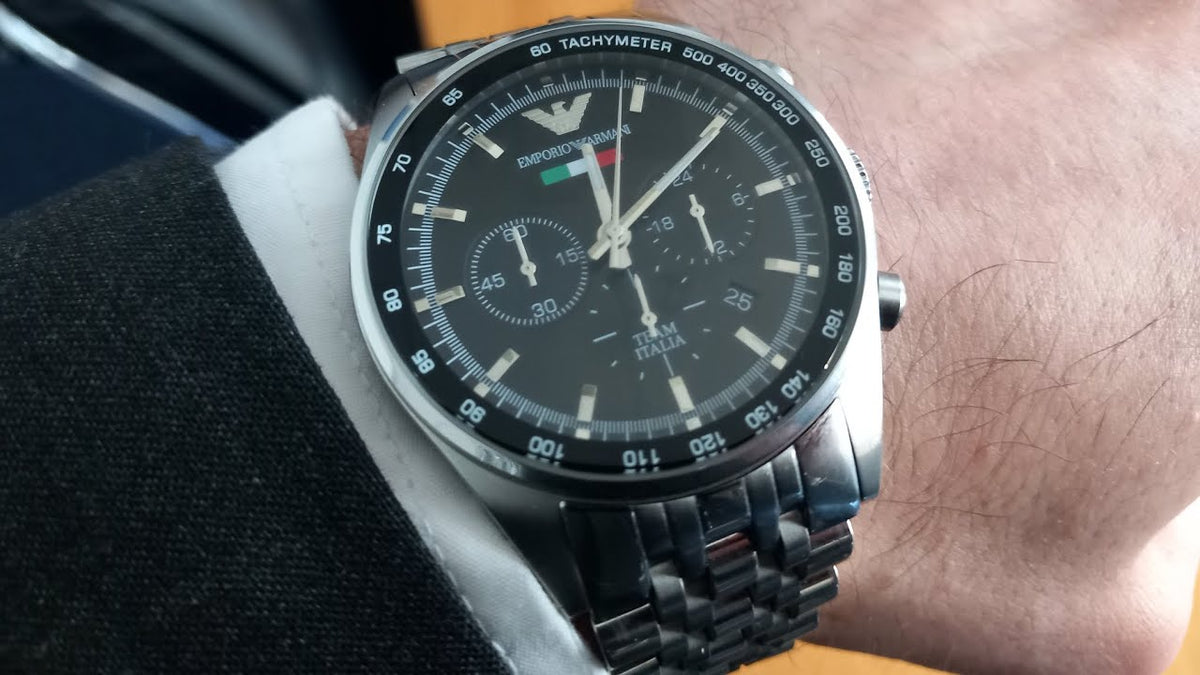  Shop Authentic Emporio Armani Team Italia Chronograph Black Dial Silver Steel Strap Watch For Men - AR5983 - Luxxuri