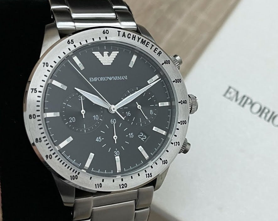  Shop Authentic Emporio Armani Mario Chronograph Black Dial Silver Steel Strap Watch For Men - AR11241 - Luxxuri