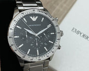 Shop Authentic Emporio Armani Mario Chronograph Black Dial Silver Steel Strap Watch For Men - AR11241 - Luxxuri
