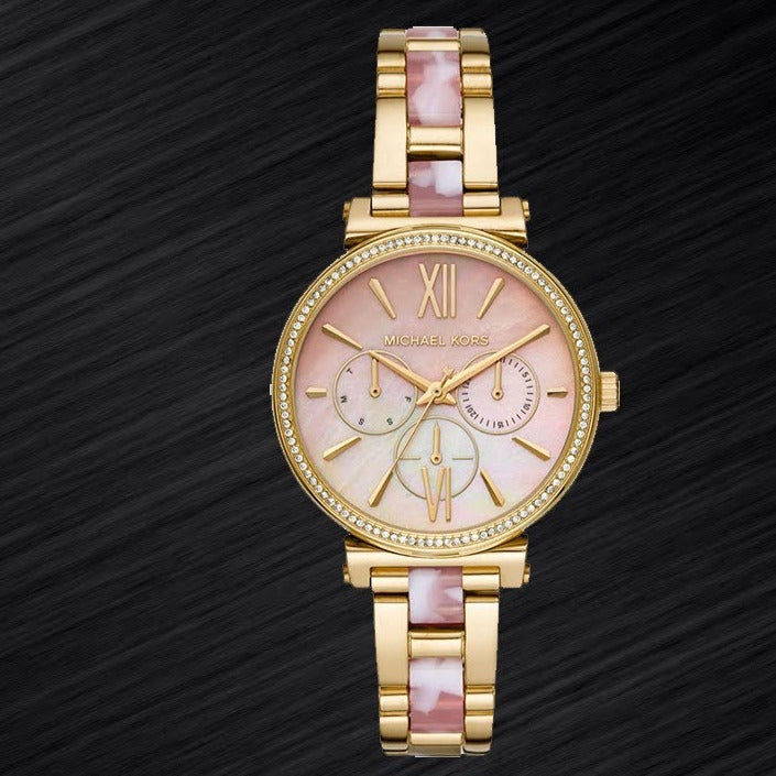  Shop Authentic Michael Kors Sofie Crystals Mother of Pearl Pink Dial Two Tone Steel Strap Watch For Women - MK4344 - Luxxuri