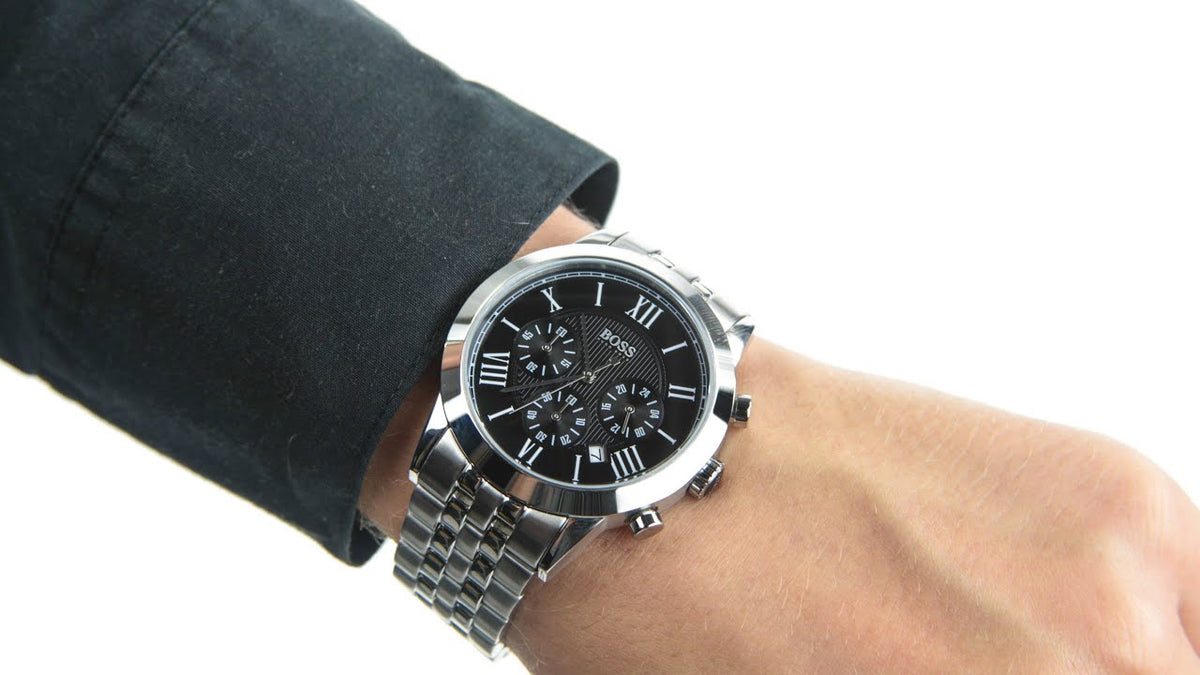  Shop Authentic Hugo Boss Aeroliner Chronograph Quartz Black Dial Silver Steel Strap Watch For Men - HB1512446 - Luxxuri