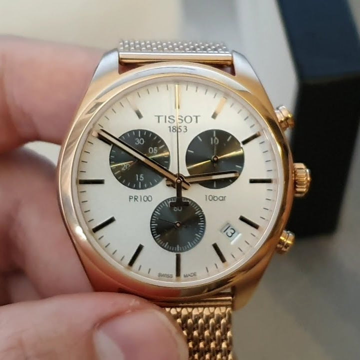  Shop Authentic Tissot T Classic PR 100 Chronograph Silver Dial Rose Gold Mesh Bracelet Watch For Men - T101.417.33.031.01 - Luxxuri
