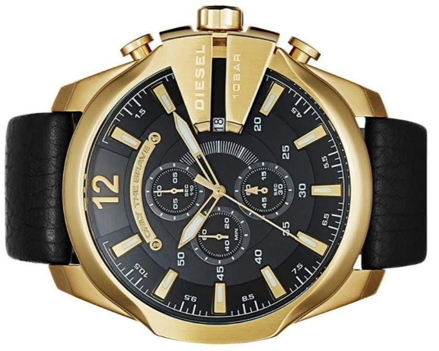  Shop Authentic Diesel Mega Chief Gold & Black Dial Black Leather Strap Watch For Men - DZ4344 - Luxxuri