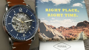  Shop Authentic Fossil Commuter Automatic Skeleton Blue Dial Brown Leather Strap Watch for Men - ME3159 - Luxxuri
